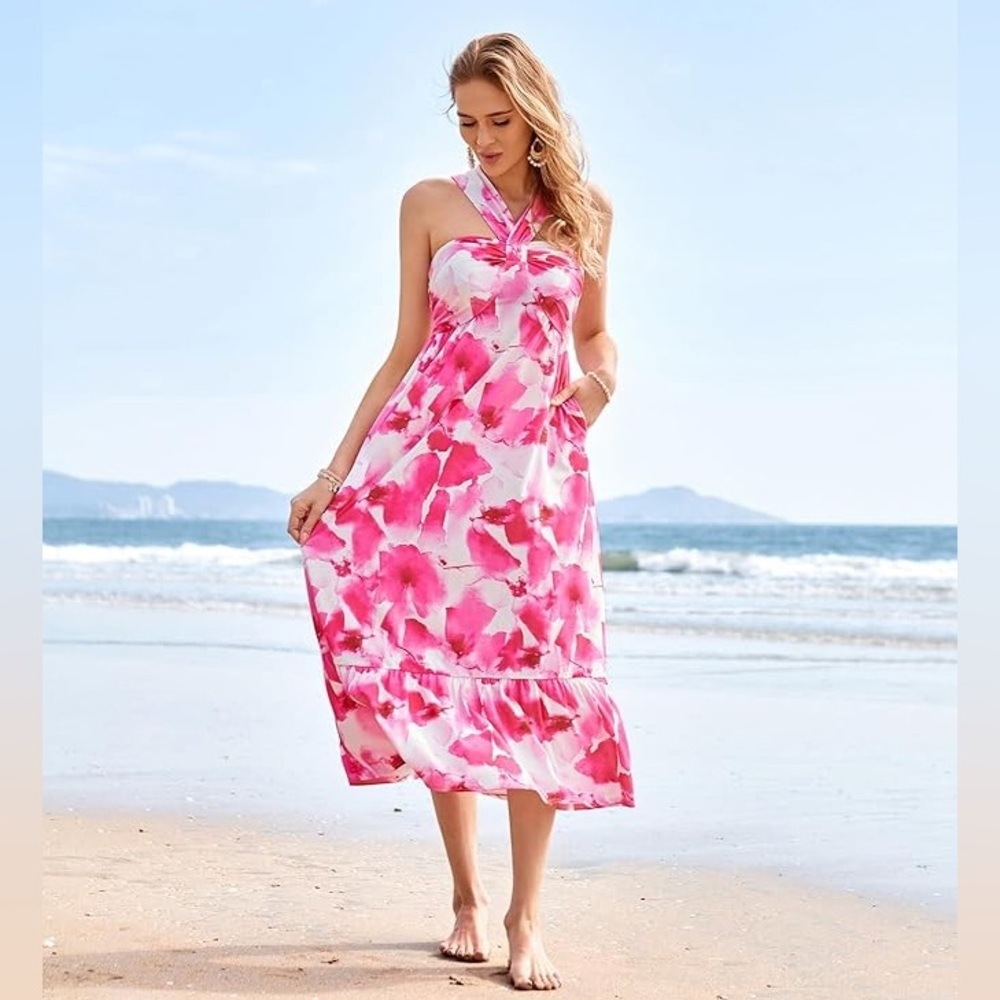 Grace Karin Criss Cross Halterneck Flowy A Line Maxi Dress in‎ Pink Watercolour